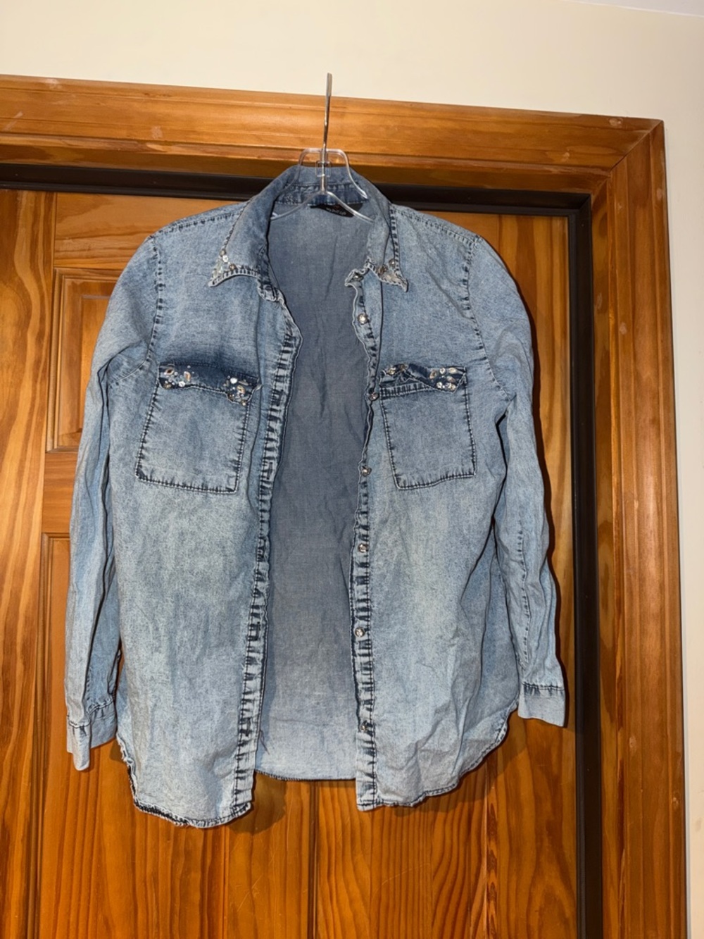 Stud-Embellished Light Wash Denim Shirt